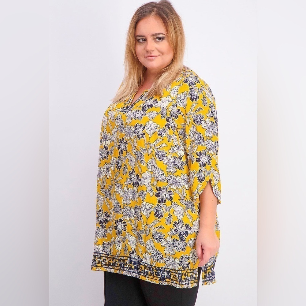 Magnolia Grace Womens Size 1X Mustard & Blue Floral Tunic Top Embroidered Trim - Picture 3 of 11
